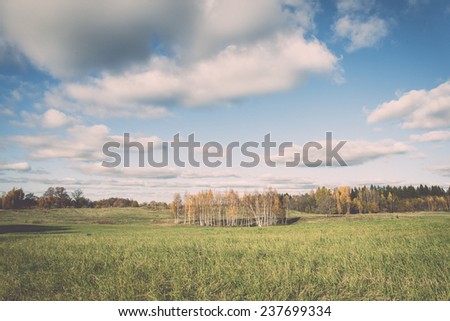 green field with trees in the autumn in country - retro, vintage style look