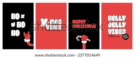 Merry Christmas groovy funny cartoon posters. Santa Claus, Ho-ho-ho, Xmas holly jolly vibes in trendy funky retro cartoon style. Greeting cards, template, posters, prints and backgrounds. Royalty-Free Stock Photo #2377014649
