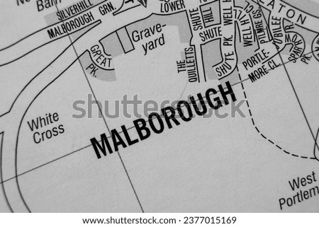 Malborough, Devon, England, United Kingdom atlas map town name black and white