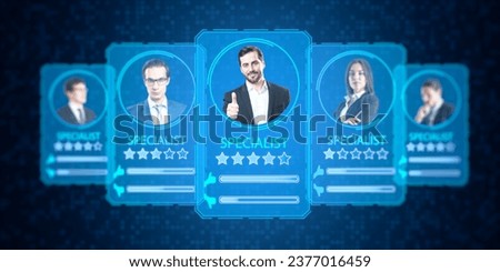 Online recruitment application and one day specialist online search service concept with virtual profile cards, containing ratings and candidate photos on blurry blue background