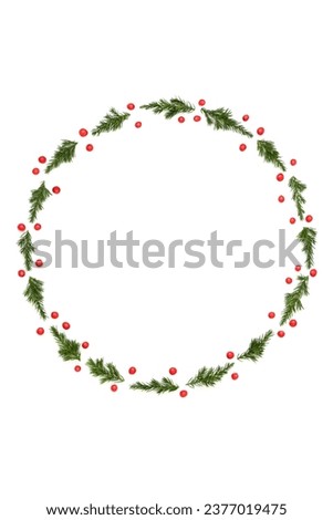 Fir and holly red berry winter Christmas wreath. Minimal festive nature design for greeting card, menu, invitation, logo for Noel, Yule on white.