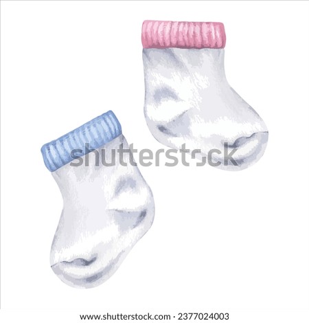 Baby Socks pair Vector illustration. Hand drawn graphic clip art on isolated white background. Watercolor drawing of pastel pink and blue clothes for boy and girl. Cute kids things