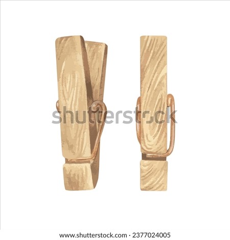 Clothespin Vector illustration. Hand drawn graphic clip art of peg on white isolated background. Watercolor drawing of wooden clothesline. Sketch of clothes pin set