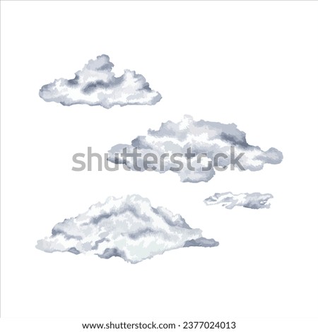 Cloud set Vector illustration. Hand drawn graphic clip art on white isolated background. Watercolor drawing of gray cloudy sky. Fluffy fog sketch for nursery and children's pajamas design