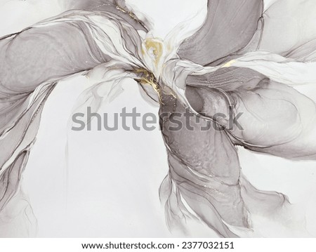 Abstract pale pink art with gold — light purple background with golden paint. Beautiful smudges and stains made with alcohol ink. Light pink fluid art texture resembles petals, watercolor or aquarelle Royalty-Free Stock Photo #2377032151