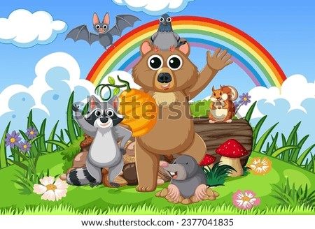 Cartoon animals holding honey, waving hands, and flying with a rainbow