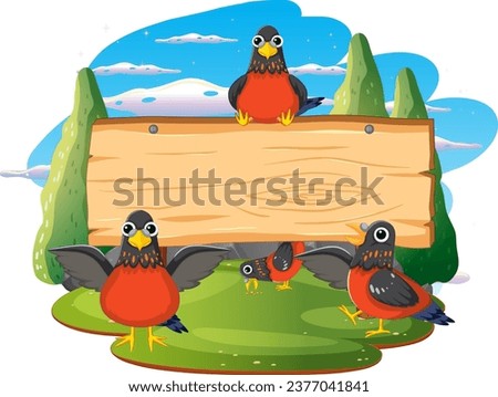A lively scene of birds and pigeons gathered on a wooden board banner surrounded by trees and bushes