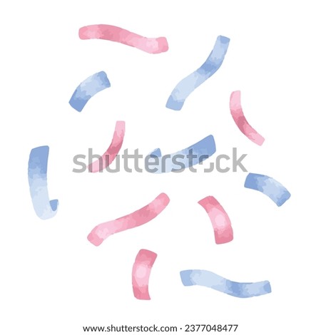 Confetti set Vector illustration. Hand drawn clip art on isolated background. Watercolor drawing of blue and pink serpentine. Sketch of falling glitter for a birthday party. Streamer in pastel colors