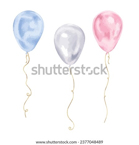 Balloons Vector illustration. Hand drawn graphic clip art of baloon on white isolated background. Watercolor drawing of blue and pink birthday ballon. For the design of greeting cards and invitations