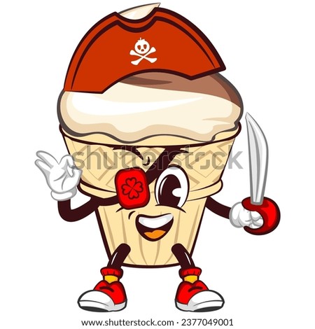 Character mascot of ice cream cone with funny face of pirate in hat and one-eyed carrying blade, isolated cartoon vector illustration. emoticon, cute ice cream cone mascot