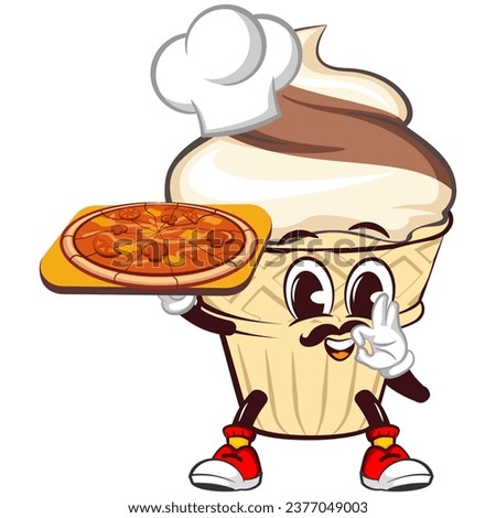 character mascot of ice cream cone with funny face chef serving pizza, isolated cartoon vector illustration. emoticon, cute ice cream cone mascot
