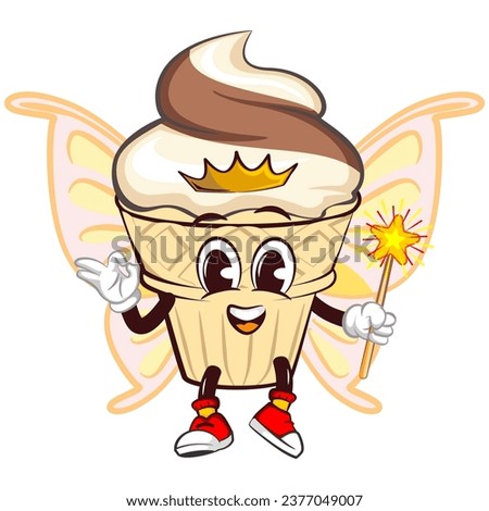 mascot character of an ice cream cone with a cute face a flying fairy with crowned butterfly wings carrying a magic wand, isolated cartoon vector illustration. emoticon, cute ice cream cone mascot