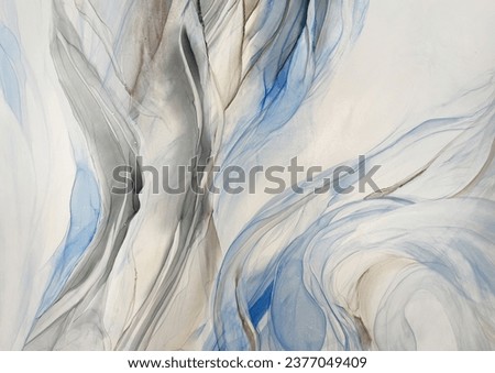 Abstract blue art with grey and pink copper — shiny marble background with beautiful smudges and stains made with alcohol ink. Blue with grey and beige fluid texture resembles watercolor or aquarelle. Royalty-Free Stock Photo #2377049409