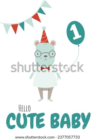 Vector card with funny bear and thr number one for baby