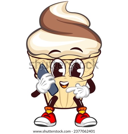 character mascot of ice cream cone with funny face calling with smartphone, isolated cartoon vector illustration. emoticon, cute ice cream cone mascot