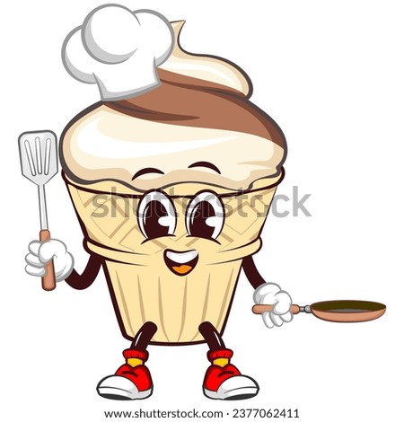 character mascot of ice cream cone with funny face carrying spatula and frying pan wearing chef hat, isolated cartoon vector illustration. emoticon, cute ice cream cone mascot