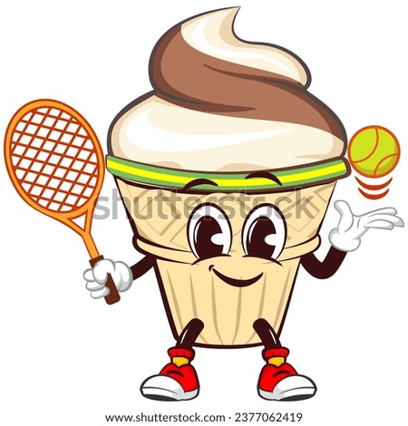 character mascot of ice cream cone with funny face playing tennis with racket and ball, isolated cartoon vector illustration. emoticon, cute ice cream cone mascot