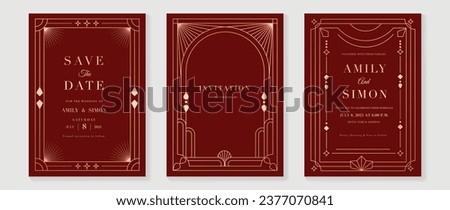 Luxury invitation card background vector. Elegant classic antique design, gold lines gradient, sparkle on red background. Premium design illustration for gala card, grand opening, art deco, magazine. Royalty-Free Stock Photo #2377070841