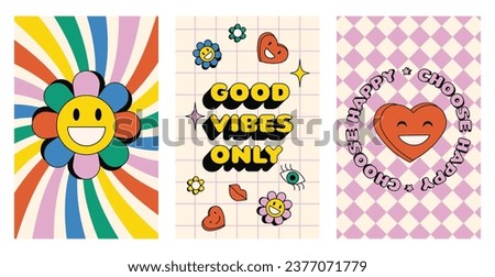 Groovy hippie 70s posters set. Good vibes only. Choose happy. Funny cartoon flower, love, daisy, lips, heart, star. Collection of Vector cards in trendy retro psychedelic cartoon style. Royalty-Free Stock Photo #2377071779