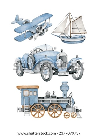 Watercolor retro transport:car,train,plane,ship.Vintage transport.Blue color.Old vehicle.