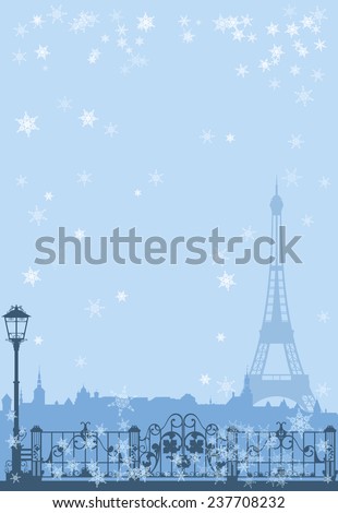winter Paris background - eiffel tower among falling snow vector design