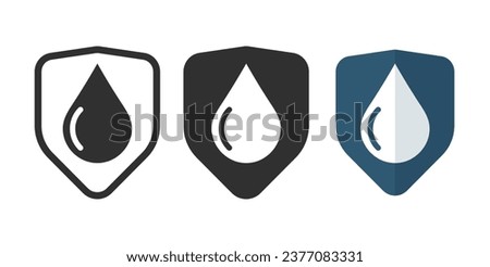 Water resistant protection icon, waterproof shield pictogram glyph graphic symbol, rainproof fabric label flat blue and black white set line outline art, moisture wet defense guard security sign image Royalty-Free Stock Photo #2377083331
