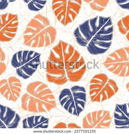 Philodendron striped leaves floral repeat rapport over noisy background. Beautiful textile print summer design. Fresh ceriman foliage. Paradise wrapping paper.