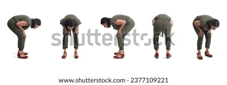 various poses of a group of same woman searching for something on the floor on white background