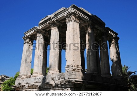  Gumuskesen Monument, located in Milas, Turkey, was built 1800 years ago. It is like a small copy of the Halicarnassus Moselum. Royalty-Free Stock Photo #2377112487