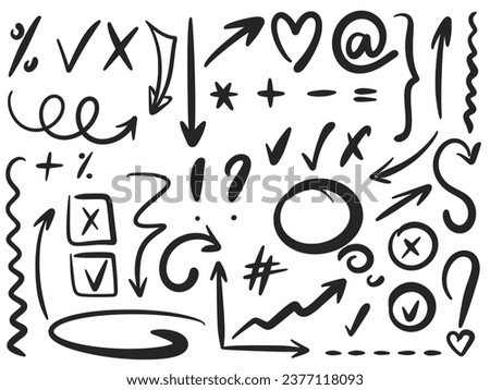Hand drawn arrows, shapes and signs for notes and diary. Doodle squiggle, ink line, wave, highlight clip art. Simple black sketches group for office and study, social networks, vector illustration