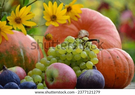 Assortment of fruits, grapes and nuts. Autumn seasonal harvest. pumpkin apples, red, yellow leaves. food still life with season fruits. Thanksgiving day, Halloween decoration fall design.