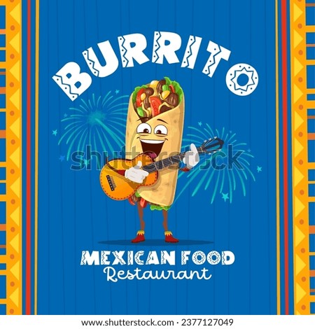Cartoon appetizing mexican burrito mariachi musician character with guitar and fireworks. Vector restaurant promo banner with funny tex mex food personage playing traditional holiday rhythms of Mexico