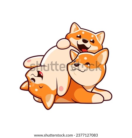 Cartoon kawaii Shiba Inu dog playful puppies characters. Comical Shiba Inu dogs personages, adorable Japanese puppies playing and fooling around together vector characters. Funny animal pet mascots