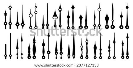 Isolated clock hands, time pointers, watch arrows. Vector monochrome elements set, essential components of analog clock in various shapes and sizes. Hour and minute hand pairs for accurate timekeeping Royalty-Free Stock Photo #2377127133