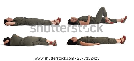various poses of a group of same woman lying on the floor on white background Royalty-Free Stock Photo #2377132423