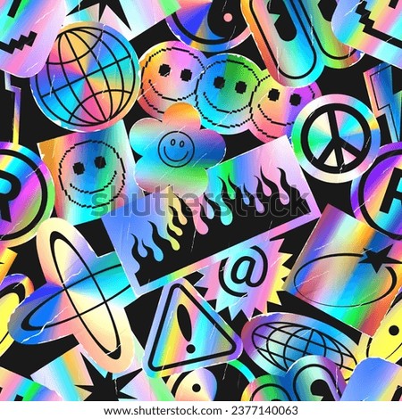 Vibrant seamless pattern with holographic stickers. Bright Y2K style vector illustration with glued holographic stickers with gradient effect. Iridescent foil adhesive film with symbols. Royalty-Free Stock Photo #2377140063