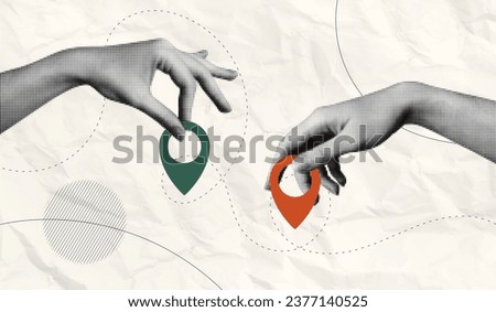 Trendy Halftone Collage with Hands and two pin location. Contemporary art with position element. Delivery route. Travel way and find trip. GPS point navigation. Transport logistic. Vector illustration Royalty-Free Stock Photo #2377140525