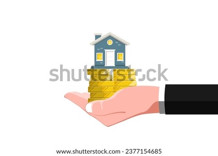 Payment for housing concept, Hand with gold coin and housing on isolated background, Vector illustration.