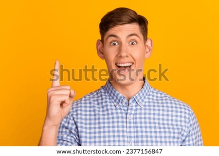 Portrait of attractive funny cheerful brainy brunet guy good solution find isolated over bright color background. Royalty-Free Stock Photo #2377156847