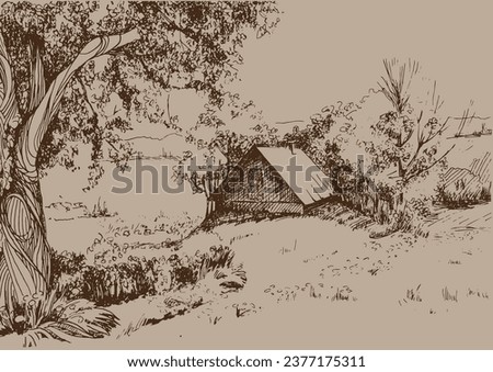 Green grass field on small hills. Meadow, alkali, lye, grassland, pommel, lea, pasturage, farm. Rural scenery landscape panorama of countryside pastures. Vector sketch illustration
 Royalty-Free Stock Photo #2377175311