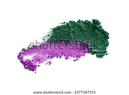 Eye shadow cosmetic texture swatch set of two colors dark green and fuchsia purple isolated on white