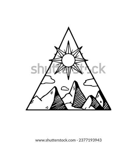 beautiful landscape icon or symbol drawn with contour lines on white background. Beautiful linear natural landscape. Monochrome vector illustration in lineart style.