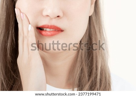 Asian woman feel toothache from gingivitis, female suffer tooth, decay problems, dental care. sensitive tooth, decay problem, bad breath, Gingival Recession, Oral Hygiene instruction, tooth extraction Royalty-Free Stock Photo #2377199471