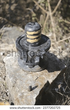 A close-up view of a small black Shivling statue on a rock. The icon of the Hindu God Lord Shiva used to perform puja or prayers.