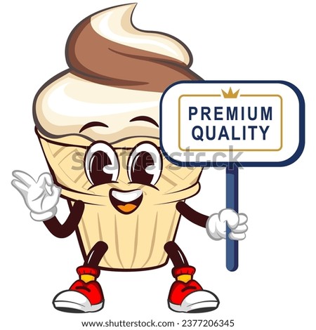Mascot character of an ice cream cone with a funny face giving a okay sign next to a sign saying premium quality, isolated cartoon vector illustration. emoticon, cute ice cream cone mascot