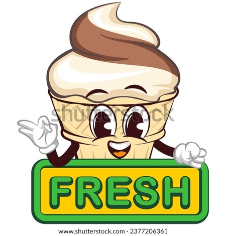 Mascot character of an ice cream cone with a funny face giving an okay sign above a sign that says fresh, isolated cartoon vector illustration. emoticon, cute ice cream cone mascot