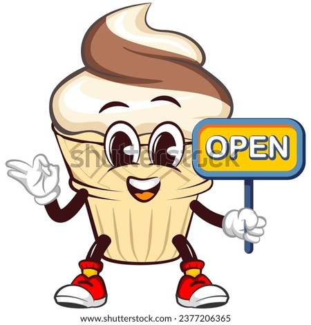 Mascot character of an ice cream cone with a funny face giving a okay sign next to a sign saying open, isolated cartoon vector illustration. emoticon, cute ice cream cone mascot