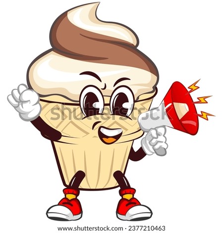 character mascot of ice cream cone with funny face shouting with a loudspeaker, isolated cartoon vector illustration. emoticon, cute ice cream cone mascot