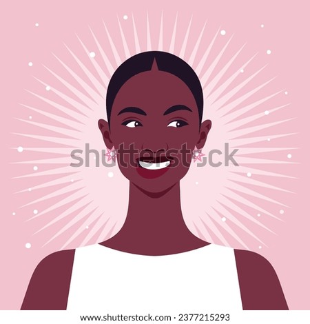 Portrait of a curious African woman. Surprised face of student. Gossip, rumors and secrets. Avatar of a naughty and playful teenager. Vector illustration