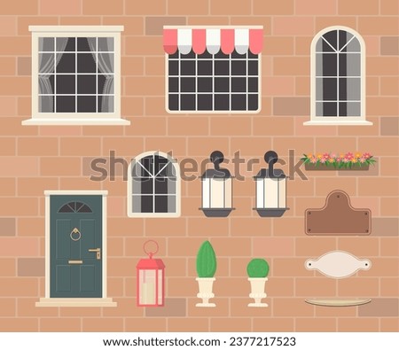 Constructor of house elements from dark door, windows, lanterns, plants, signs. Create your own home. Exterior concept for house. Vector illustration. Cartoon flat style